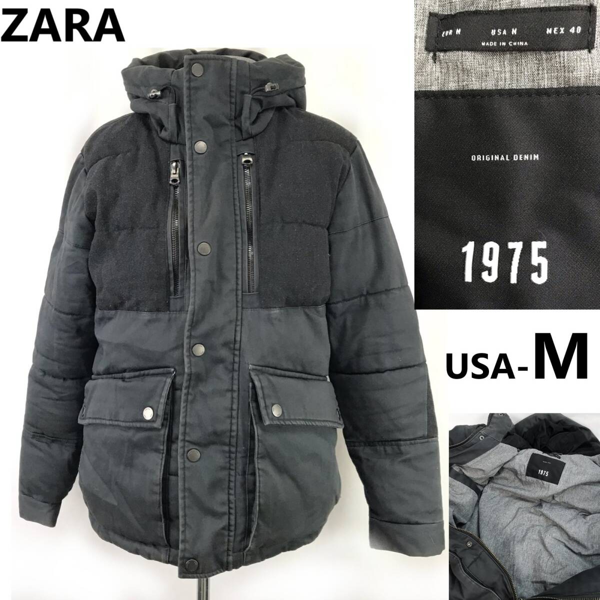 ZARA/ザラ★1975/中綿入り/防寒ジャケット【メンズ/USA-M(日本サイズL相当/Black Gray】デニム/アウター/ブルゾン/Jacket/Jumper◆BJ098-b拍卖