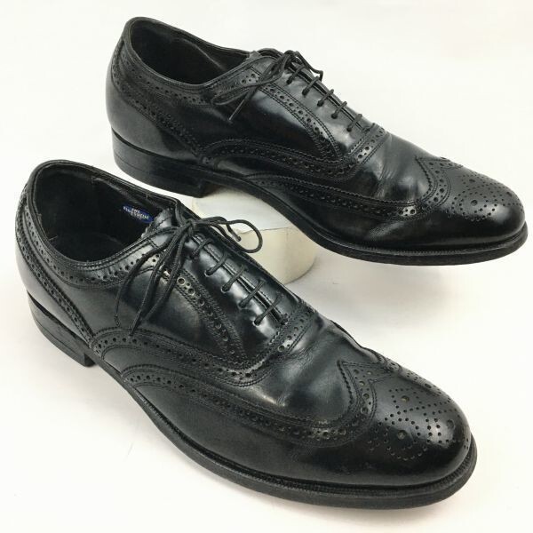 80s?/USA製/Vintage  FLORSHEIM/フローシャイム フルブローグ ウイングチップ〈黒〉size9D 26.5-27.0程度/メンズ 菅NO.WZH-57拍卖