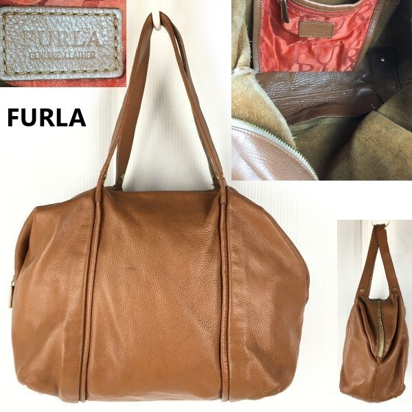FURLA/フルラ★本革/レザー/ボストン/ハンドバッグ【茶/ブラウン/レディース】barrel bag/club bag/purse/管NOYB20-46拍卖