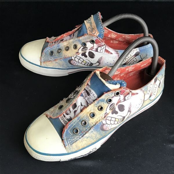 Ed Hardy/エドハーディー★ドクロ/骸骨デザイン/スニーカー【8/26.0/light blue】フェイク紐穴/sneakers/靴/Shoes/trainers/boots◆bQ-452拍卖