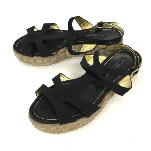 美品★RALPH LAUREN Collection★アンクルストラップサンダル【7/24.0/黒/BLACK】ラルフローレン/ジュートソール/Shoes/sandal◆cQ-548拍卖