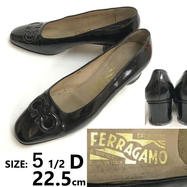 イタリア製★Salvatore Ferragamo/フェラガモ★エナメル/レザー/パンプス/ヒール【5.5/black/黒】pumps/Shoes/high heels◆bQ-630拍卖