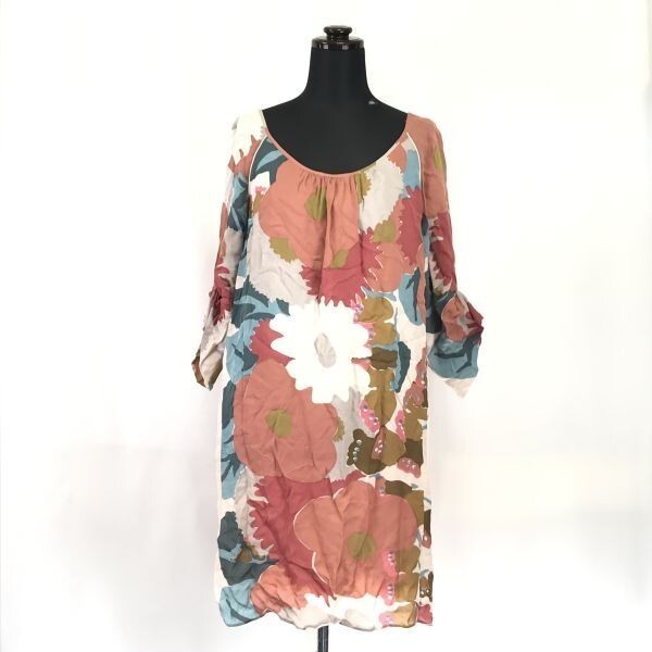 Made in Japan★tibi/ティビ★100%シルク/長袖/膝丈ワンピース【Women's size-M/2/ピンク/Pink/花柄】silk/dress/Tops/Shirts◆BH168拍卖
