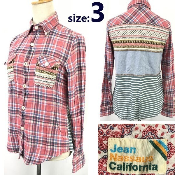 日本製★ジーンナッソーズ/JEAN NASSAUS California★長袖ウエスタンシャツ【3/レディースL/赤/フランネル/チェック柄】Tops/Shirt◆cBH884拍卖
