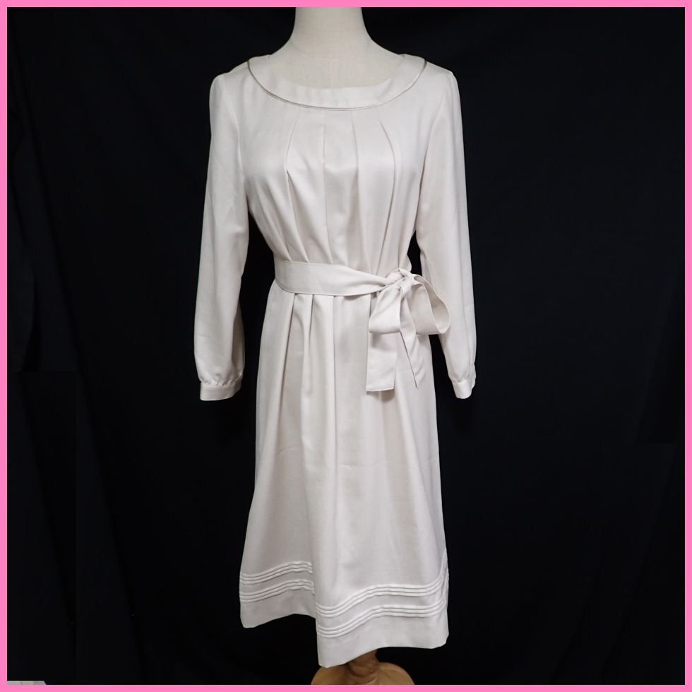 ★美品 J.PRESS/ジェイプレス 長袖 フレアワンピース 11/M~L相当/膝下~膝上丈/ベージュ/インナーワンピ・ベルト付き&1879100030拍卖
