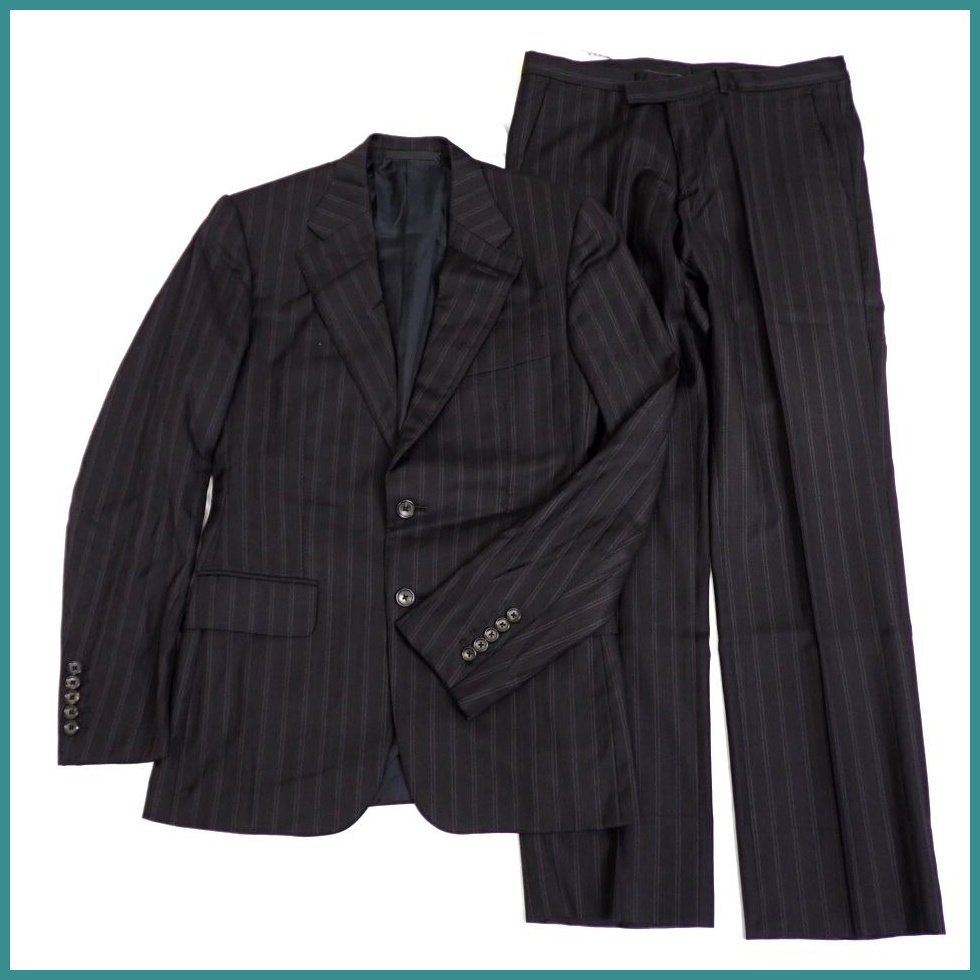 ★GUCCI/グッチ 2Bスーツ 上下セット 46R/メンズM相当/ブラック/ストライプ/ウール100%/イタリア製&2164000020拍卖
