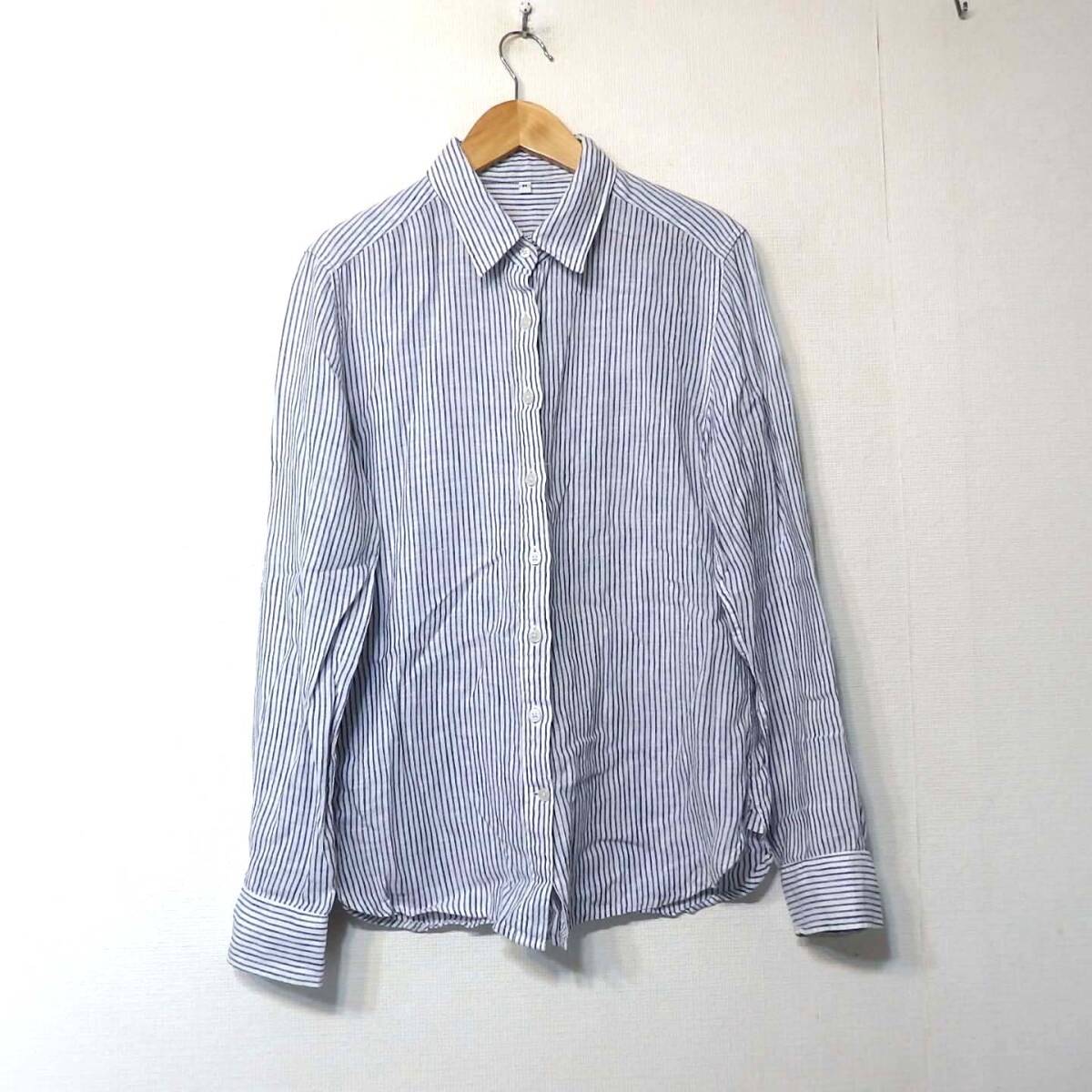 【送料無料】無印良品リネンシャツ/ストライプ柄 レディースMサイズ 麻100%拍卖