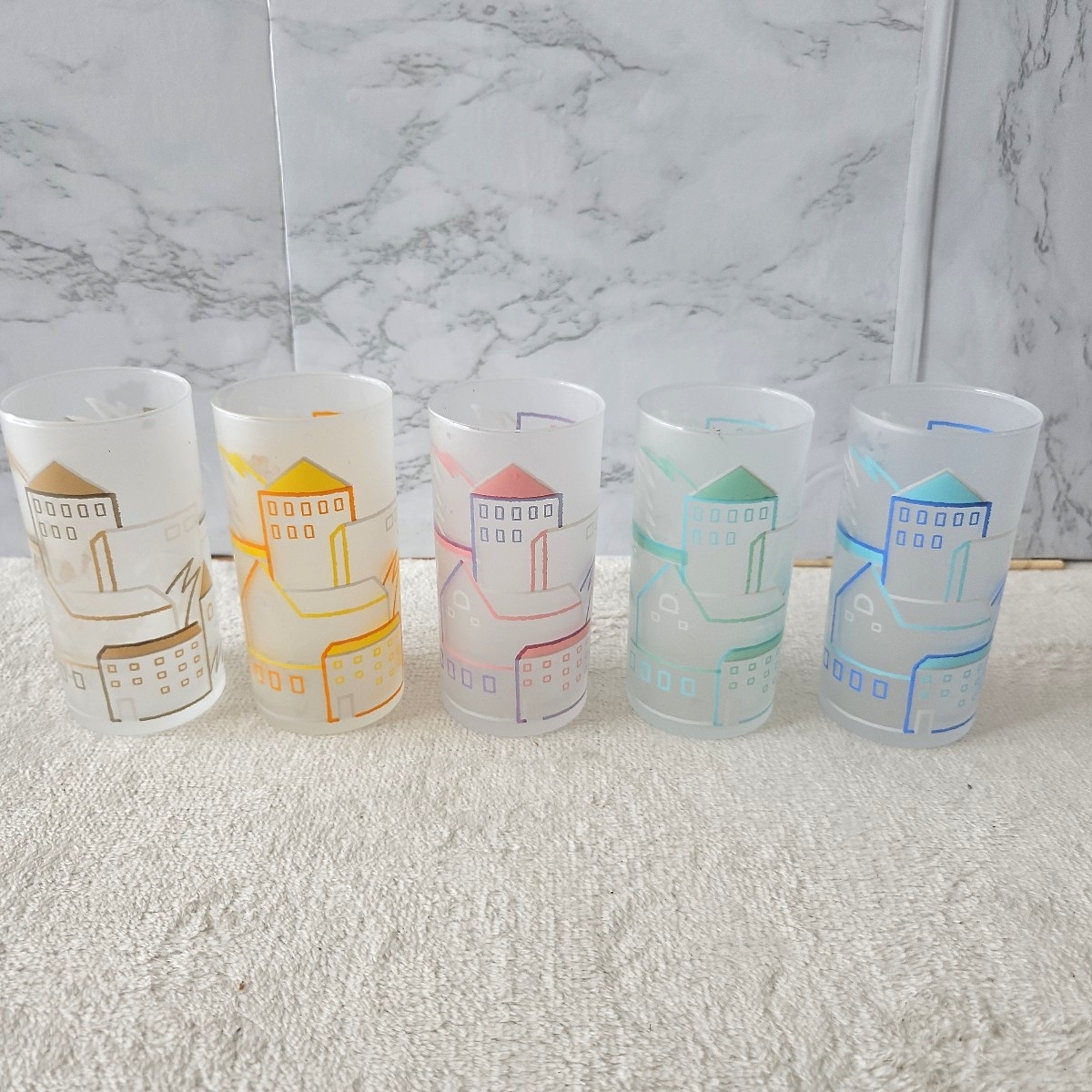 【新品未使用】保管品 東洋ガラス 街並み 町並み コップ ガラス 5個セット 昭和レトロ アンティーク ヴィンテージ JAPAN拍卖