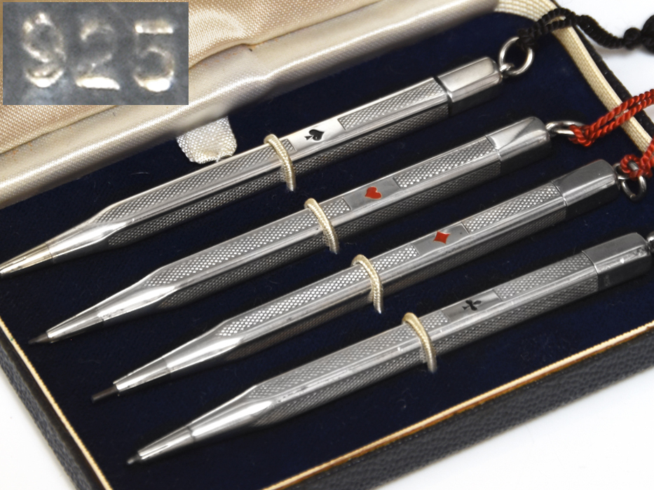英国 銀製 SILVER925 ブリッジペンシル 4本 セット 専用ケース 繰り出し式 鉛筆 金属工芸 純銀 トランプマーク  u0968a拍卖