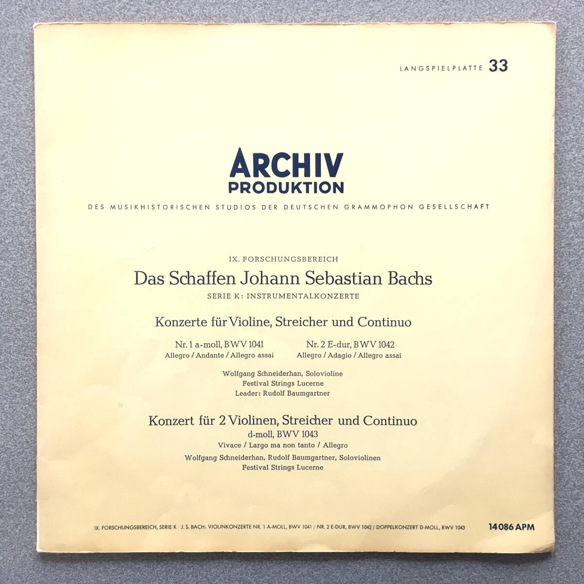 最初期 独ARCHIV APM14086 シュナイダーハン J.S.バッハ ヴァイオリン協奏曲 BWV1041/42/43 ALLE 190g重量フラット盤拍卖