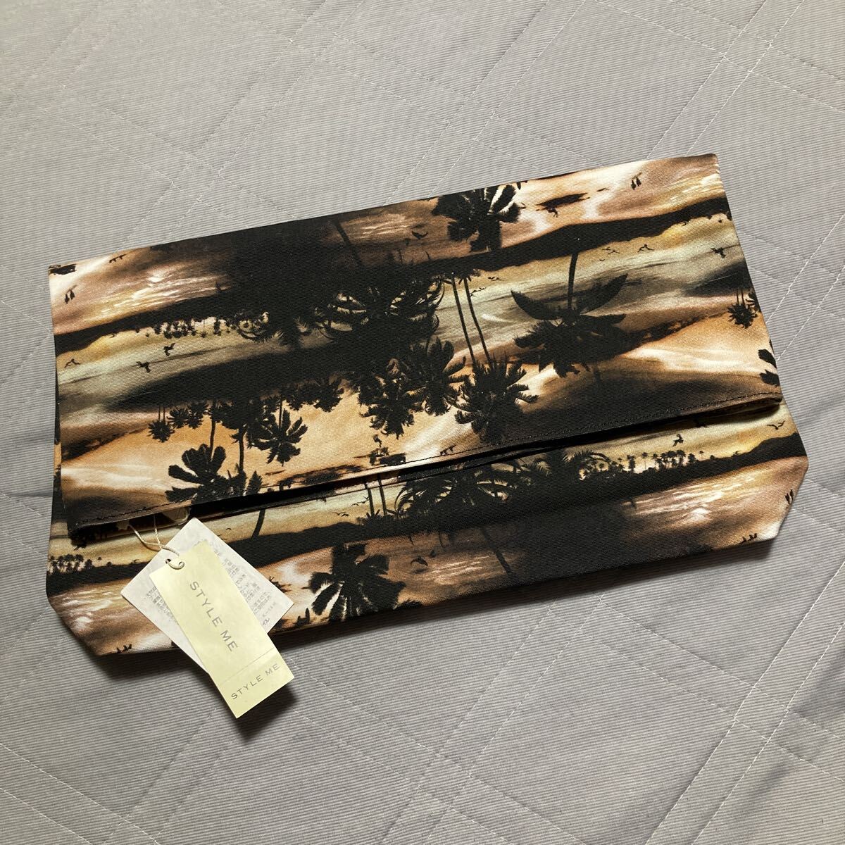 スタイルミー トロピカルビーチ柄 プリント コットン クラッチバッグ コットン 帆布 マチ付き 総柄 サンセット 海 夕暮れ 東京スタイル拍卖