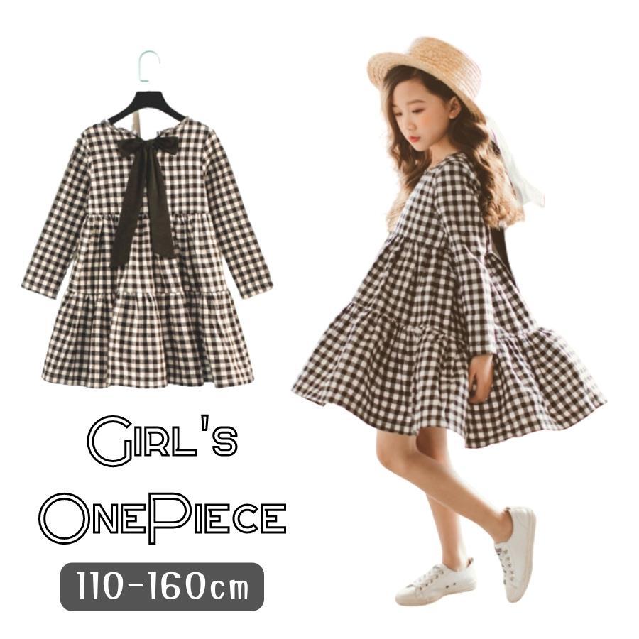 新品 送料無料 110cm ビッグリボンチェック柄ワンピース Aライン キッズ ジュニア 女の子 韓国子供服拍卖