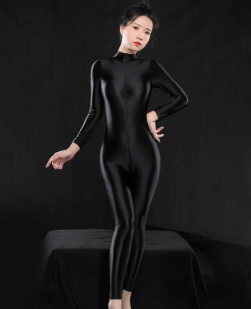 新入荷フリーサイズ 油光性光沢 ブラック コスプレ つるつる 全身タイツ ダンスウエア ボディスーツ 長袖 2頭ファスナー 美脚拍卖