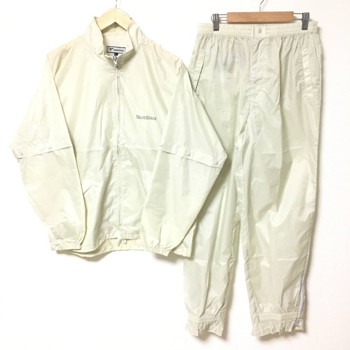 2点セット◎【TOUR STAGE】ツアーステージ ゴルフ ウィンドブレーカー カッパ 防水 ジャケット パンツ ベージュ メンズ サイズ L /Y35951fa拍卖