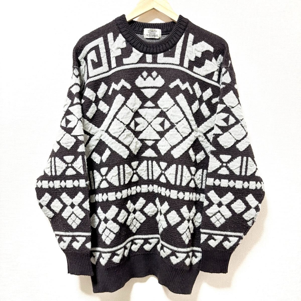 日本製◎レトロ◎【VULGARIS】ブルガリス クルーネック セーター ニット ウール 幾何学 柄 古着 ビンテージ ブラウン 茶 メンズ L/Y35908SS拍卖