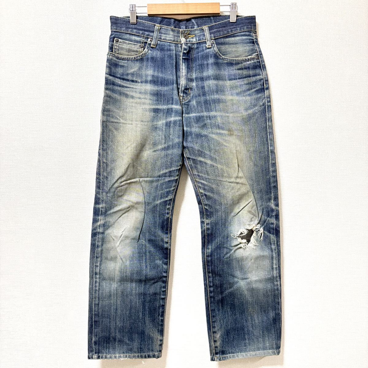 雰囲気抜群!【UNIQLO】ユニクロ デニム パンツ ダメージ ジーンズ ジーパン 綿100% アメカジ 古着 オールド ブルー メンズ W31 /Y36335SS拍卖