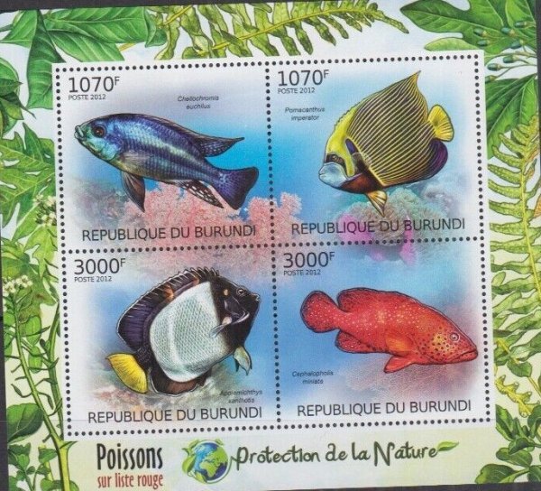 ブルンジ切手『絶滅危惧動物』(魚) 4枚シート 2012拍卖