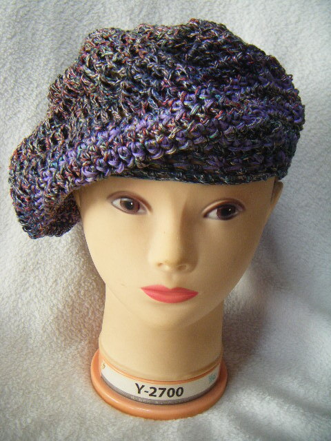 春、秋、冬*ベレー帽風/袋ややタップリ*手編み男女兼用*シルク95%*マルチ色/アクセントラインは別の糸 35拍卖