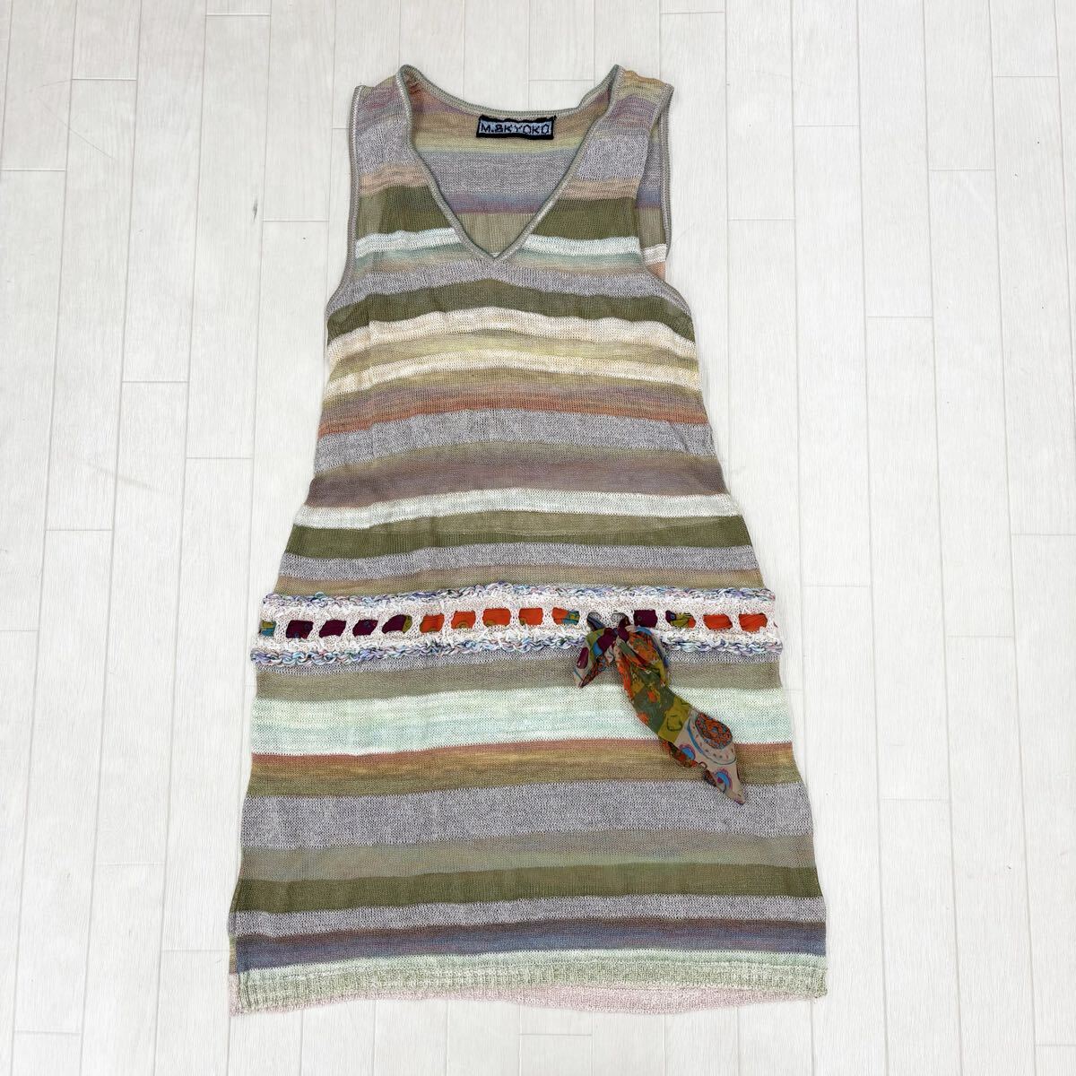 1805〓 M.&KYOKO エムアンドキョウコ ノースリーブワンピース レディース サイズ2 ボーダー ミドルワンピース 膝丈 膝上丈 透け感あり拍卖