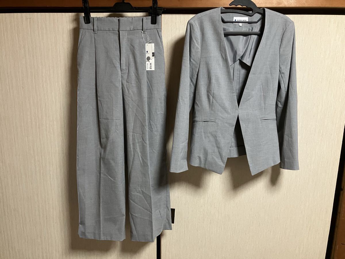 未使用☆グローバルワーク CARREMAN社フランス製高級生地使用セットアップ ノーカラージャケット LワイドパンツS~L レディース拍卖