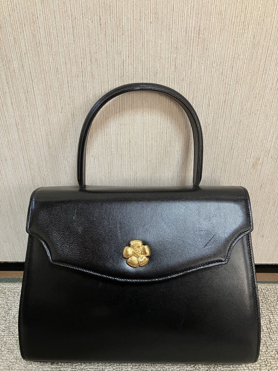 HANAEMORIハナエモリ森英恵 フラワー花切替ゴールドカラー留具ハンドバッグブラックフォーマル 本革レザー 黒拍卖