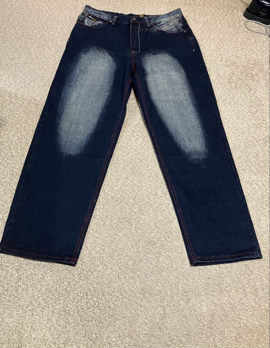 美品☆akademiks アカデミクス ワイドデニムパンツ インディゴ USED加工 ビッグサイズW38 メンズ大きいサイズ拍卖