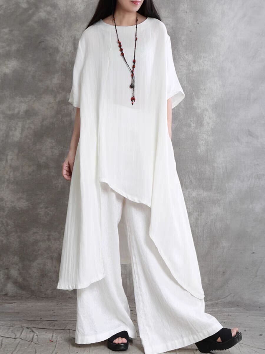 ゆったり リネン セットアップ ロングアシメブラウス ガウチョパンツ ホワイト 大きいサイズ拍卖