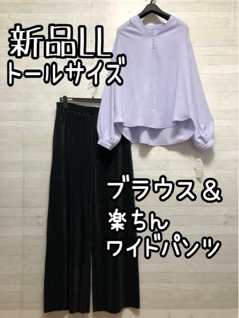 新品☆LLトールサイズ♪Vネックブラウス&黒プリーツ楽ワイドパンツ☆Q354拍卖