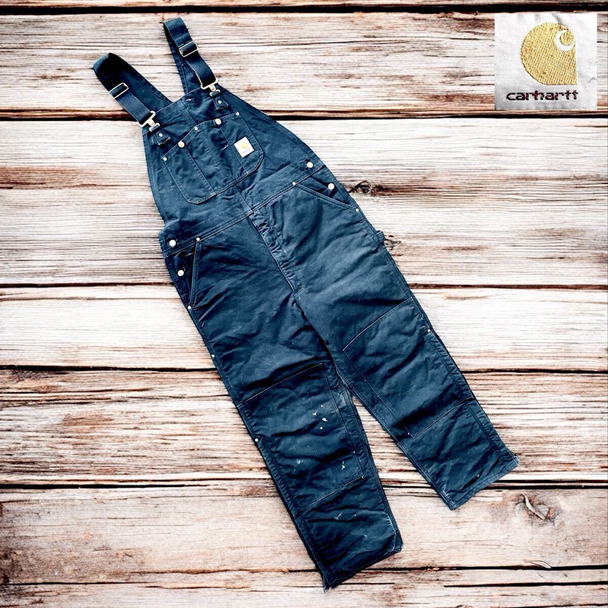 06s USA製 Carhartt ダック地 ダブルニー オーバーオール 美フェード 裏地キルティング アメカジ ワイドシルエット ビッグサイズ 黒 40×32拍卖