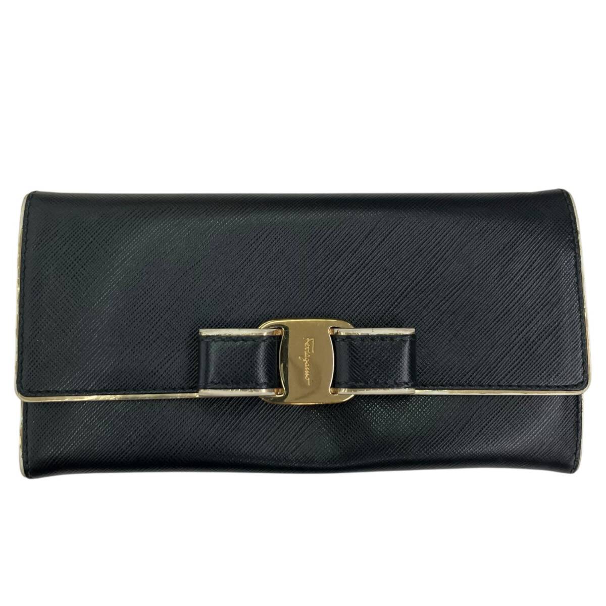 186005 現状品 Salvatore Ferragamo サルヴァトーレフェラガモ Salvatore Ferragamo 長財布 ブラック レザー レディース拍卖
