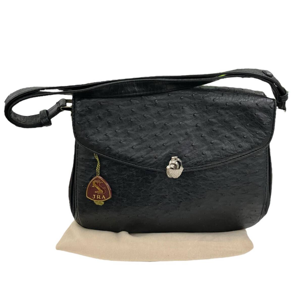 186001 現状品 ostrich オーストリッチ JRA認定☆ ハンドバッグ・ショルダーバッグ 2way ブラック レディース拍卖