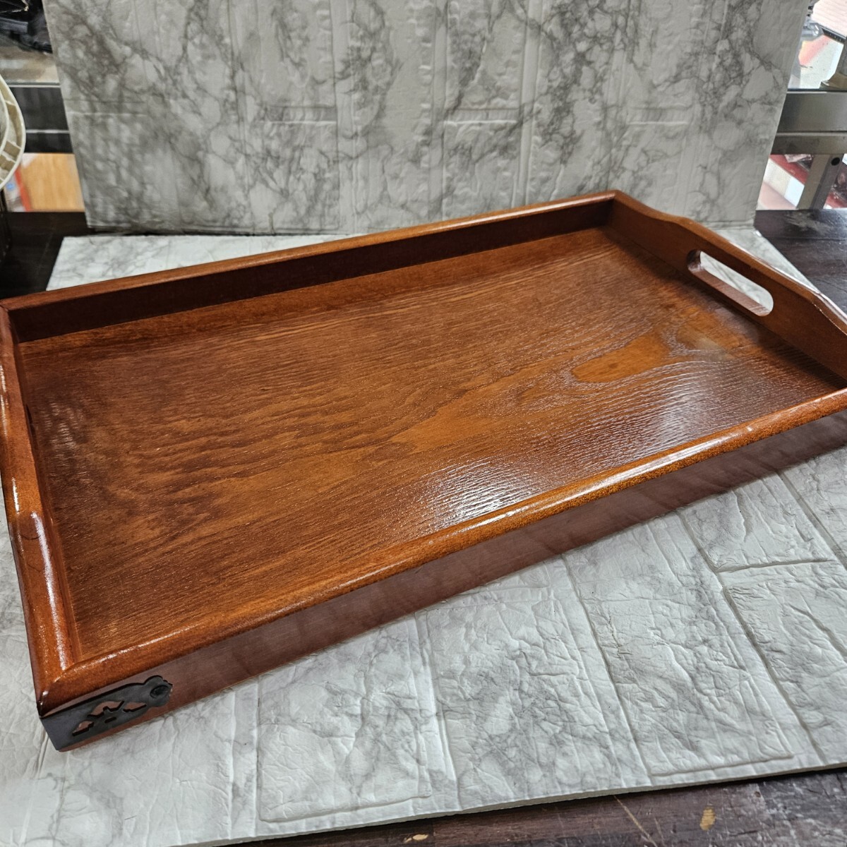 【美品】天然木 漆 金具 長手盆 工芸品 お盆 角盆 トレー コレクション拍卖