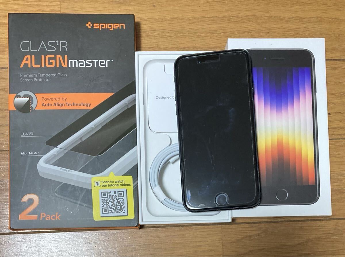 【中古美品】Apple iPhone SE3 128GB バッテリー純正100% ミッドナイト SIMフリー SPIGENフィルム1枚付き拍卖
