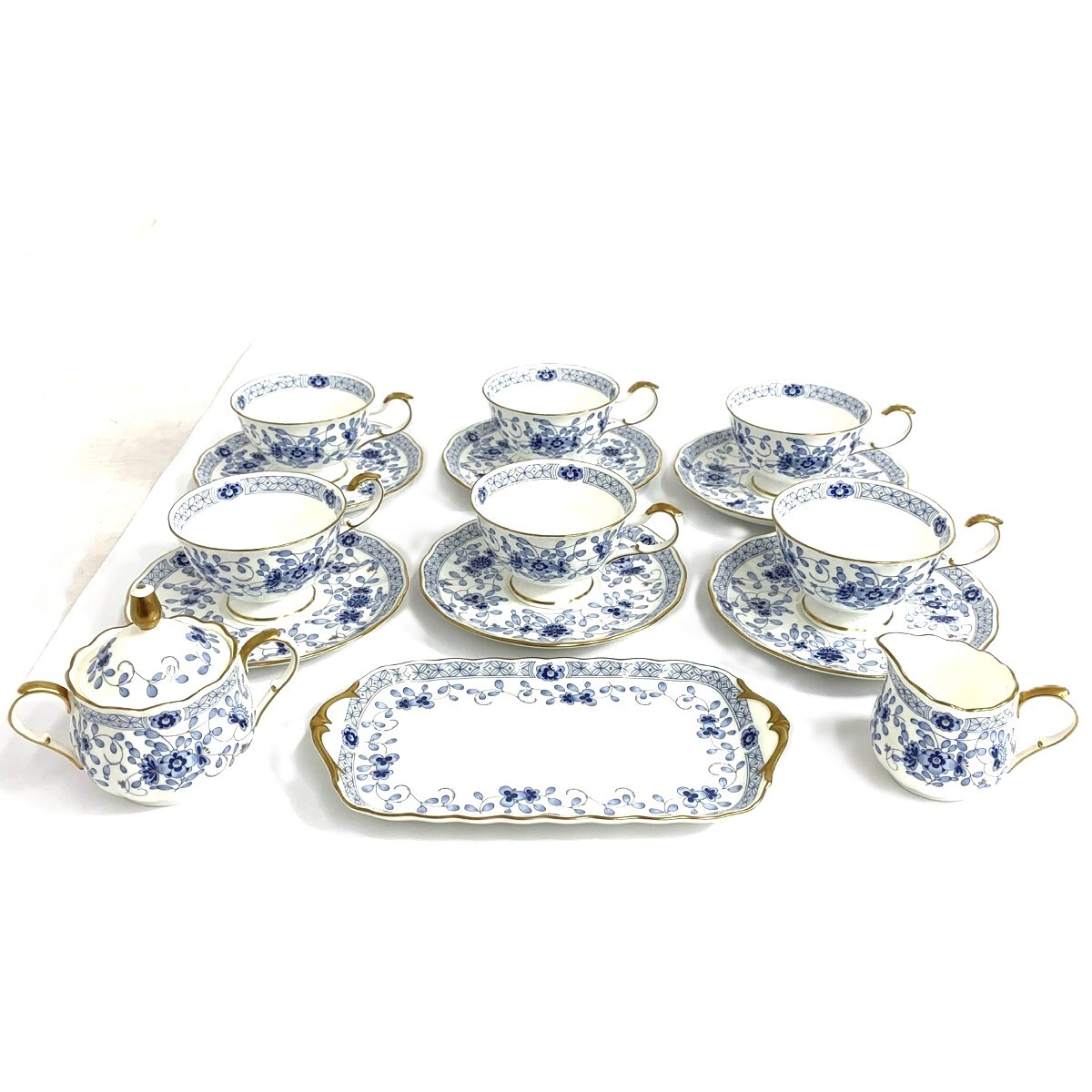 良好◆Narumi ナルミ ミラノコレクション/9点セット カップ&ソーサー6点/シュガー/クリーマー/プレート ホワイト/ブルー拍卖