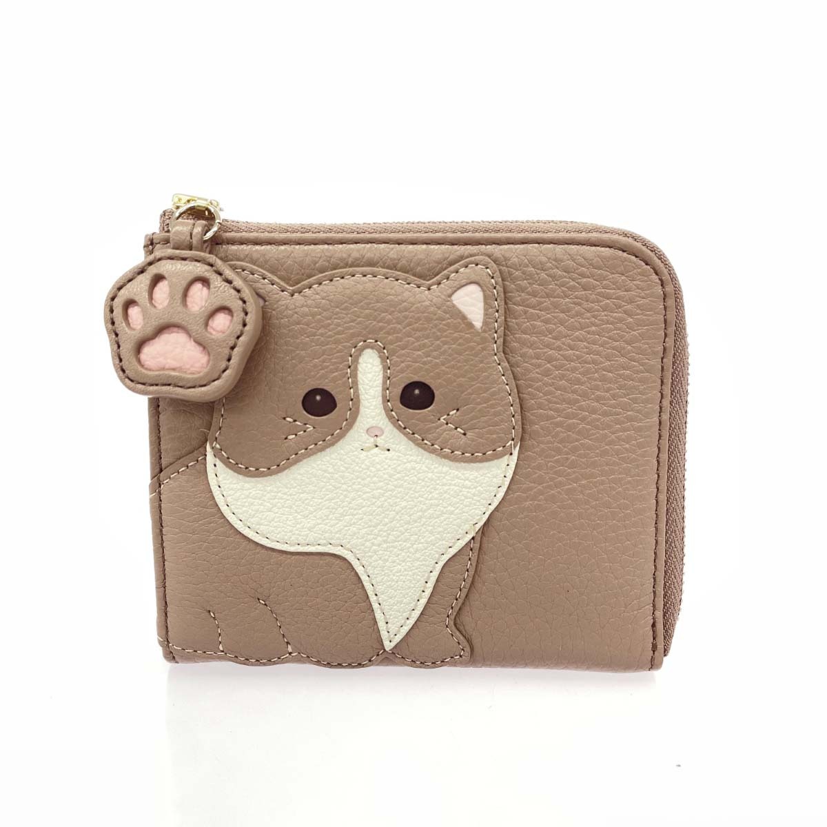美品◆IBIZA イビサ コンパクトウォレット/アニマーダ ネコ/レザー ホワイト/ベージュ 財布 L字ファスナー レディース拍卖