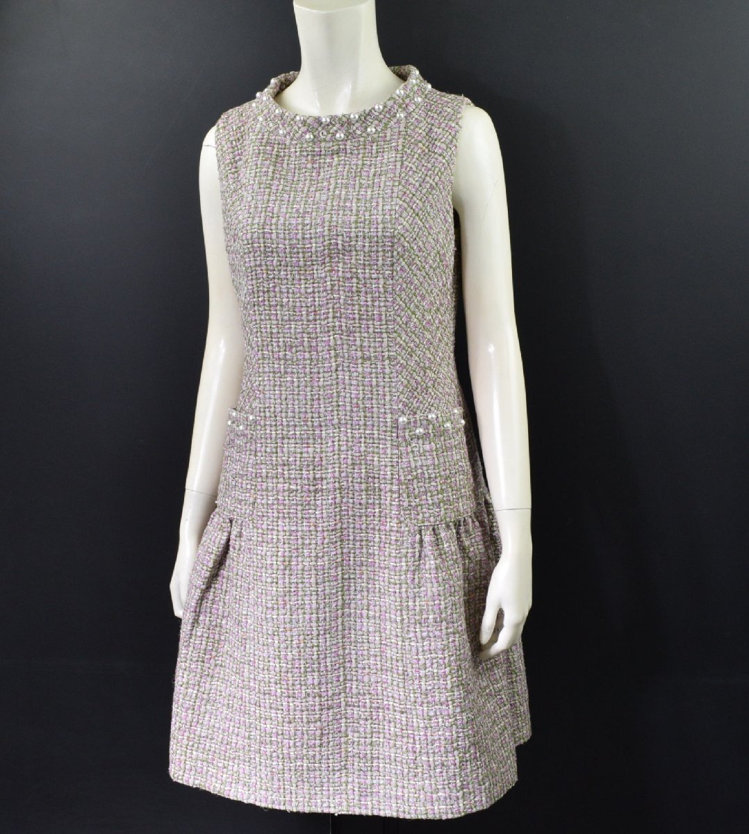 1086-25P0198★ルネ Rene★新品 美品 高級マリアツィード生地 パール付きドレス 38 グリーン×ピンク 102600円拍卖