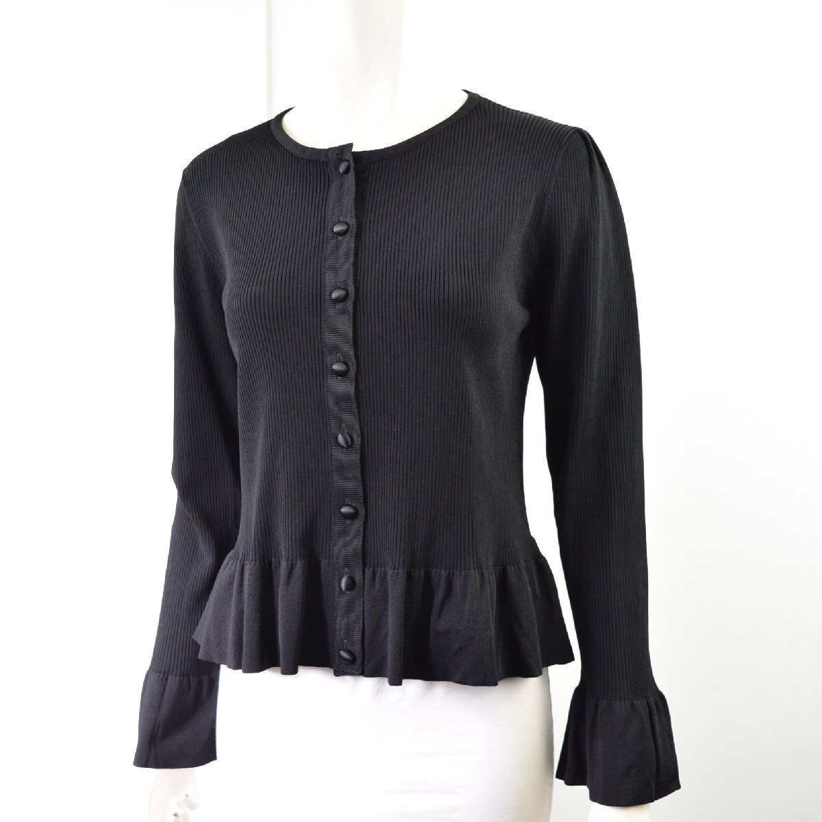 2336-25Q0011★Mプルミエブラック M-premier BLACK★美品 フリルデザイン リブ ニット 長袖 カーディガン 黒 ブラック 38拍卖