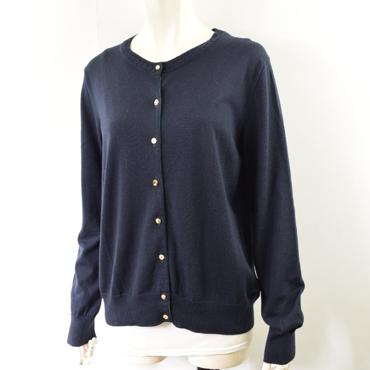1420-25Q0152★組曲 L 大きいサイズ★紺 ネイビー 長袖 薄手ウールカーディガン 6 〈15号)毛100% 秋冬 クルーネック拍卖