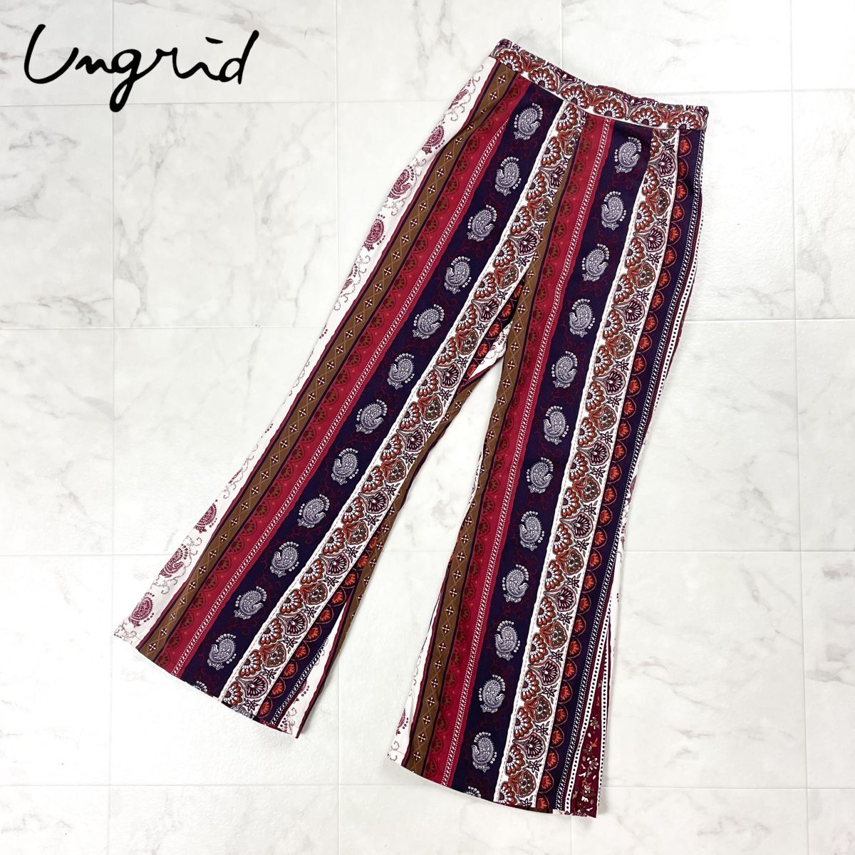 Ungrid アングリッド エスニックフレアパンツ 総柄イージーパンツ スラックス レディース ブラウン 茶色 オレンジ サイズF*GD1拍卖