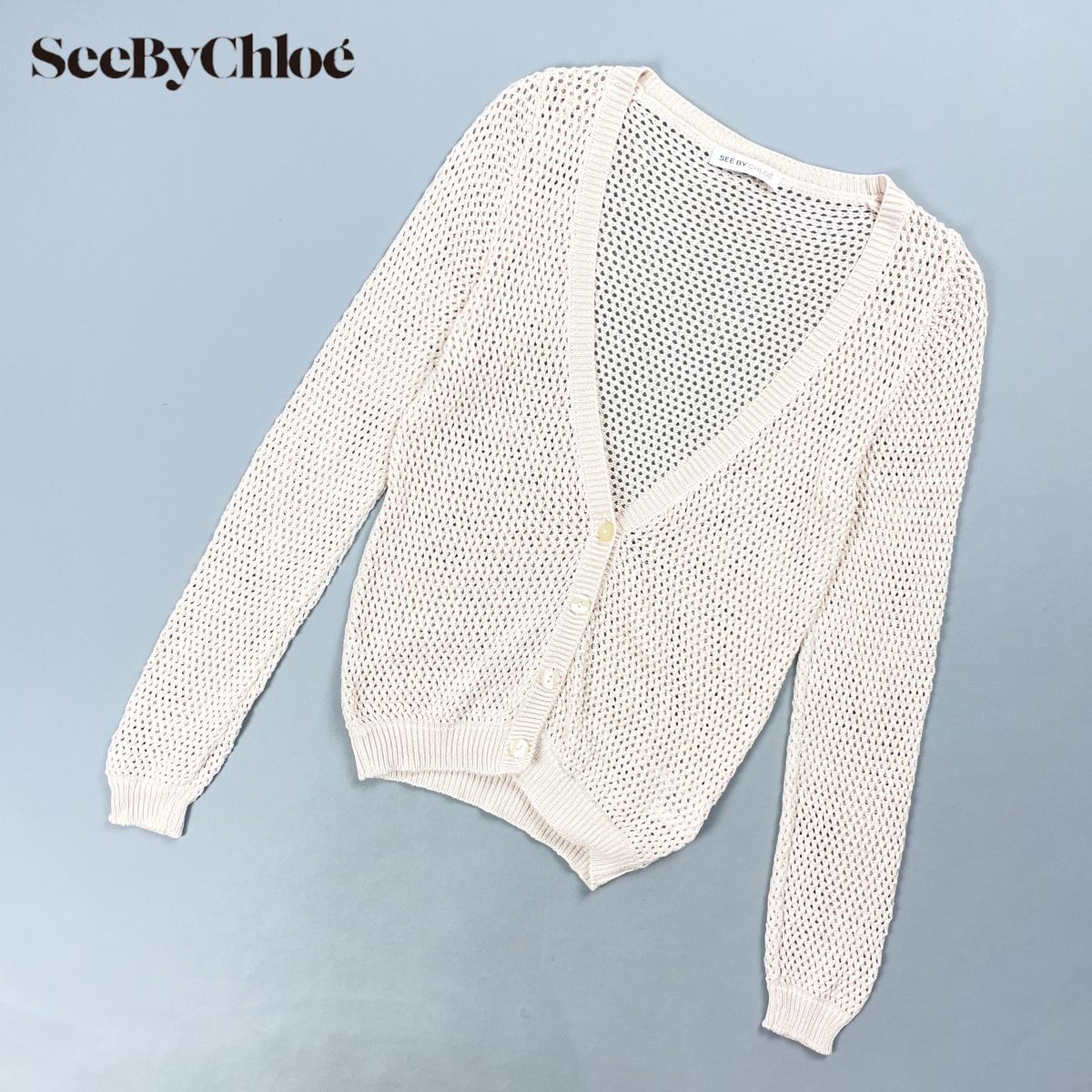 SeeByChlo シーバイクロエ ローゲージメッシュニットカーディガン 長袖セーター Vネック レディース ピンク サイズ38*GD23拍卖