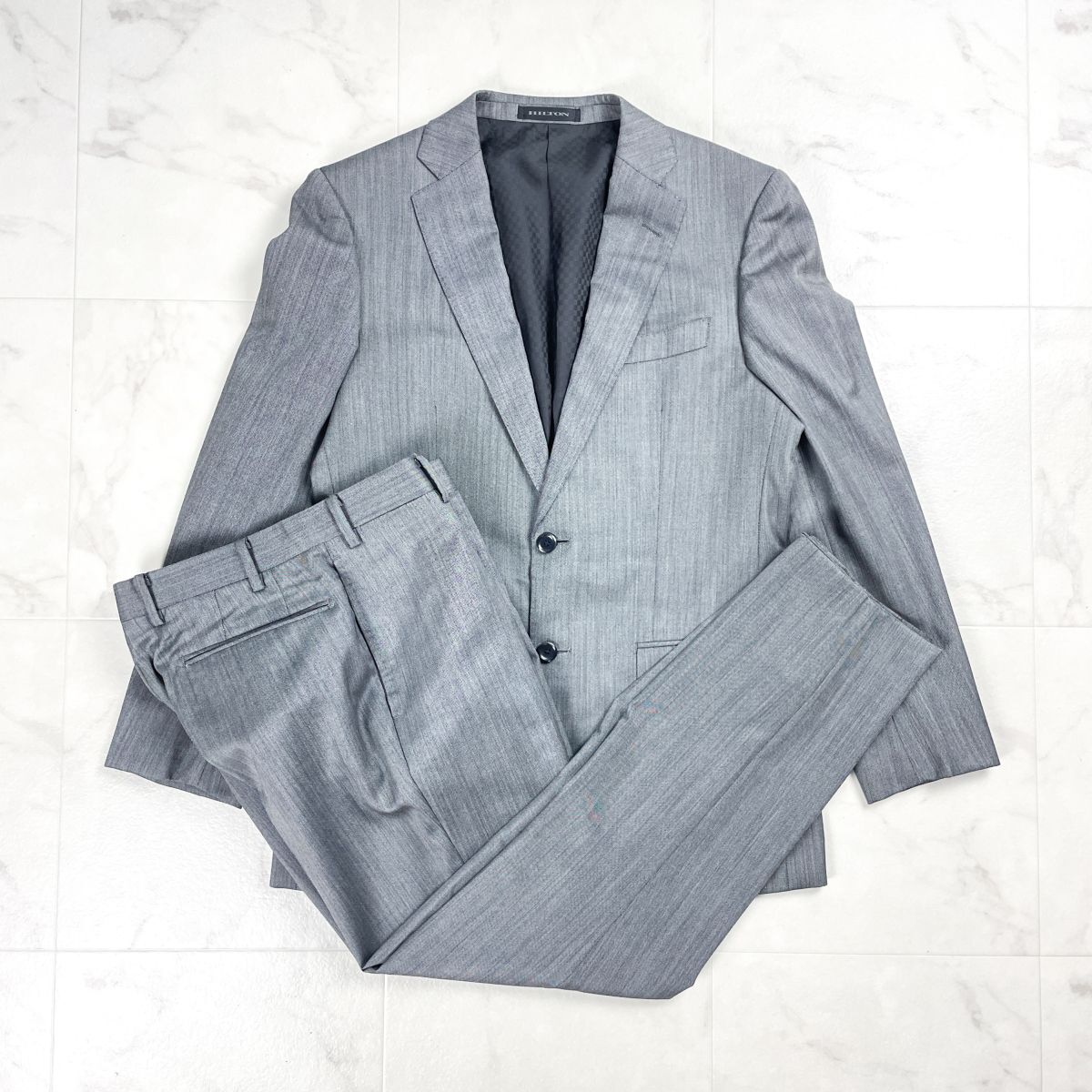 美品 HILTON ヒルトン ウール SUPER 130'S セットアップパンツスーツ テーラード ビジネス 総裏 メンズ ブラック系 黒 サイズ90YA5*GD846拍卖