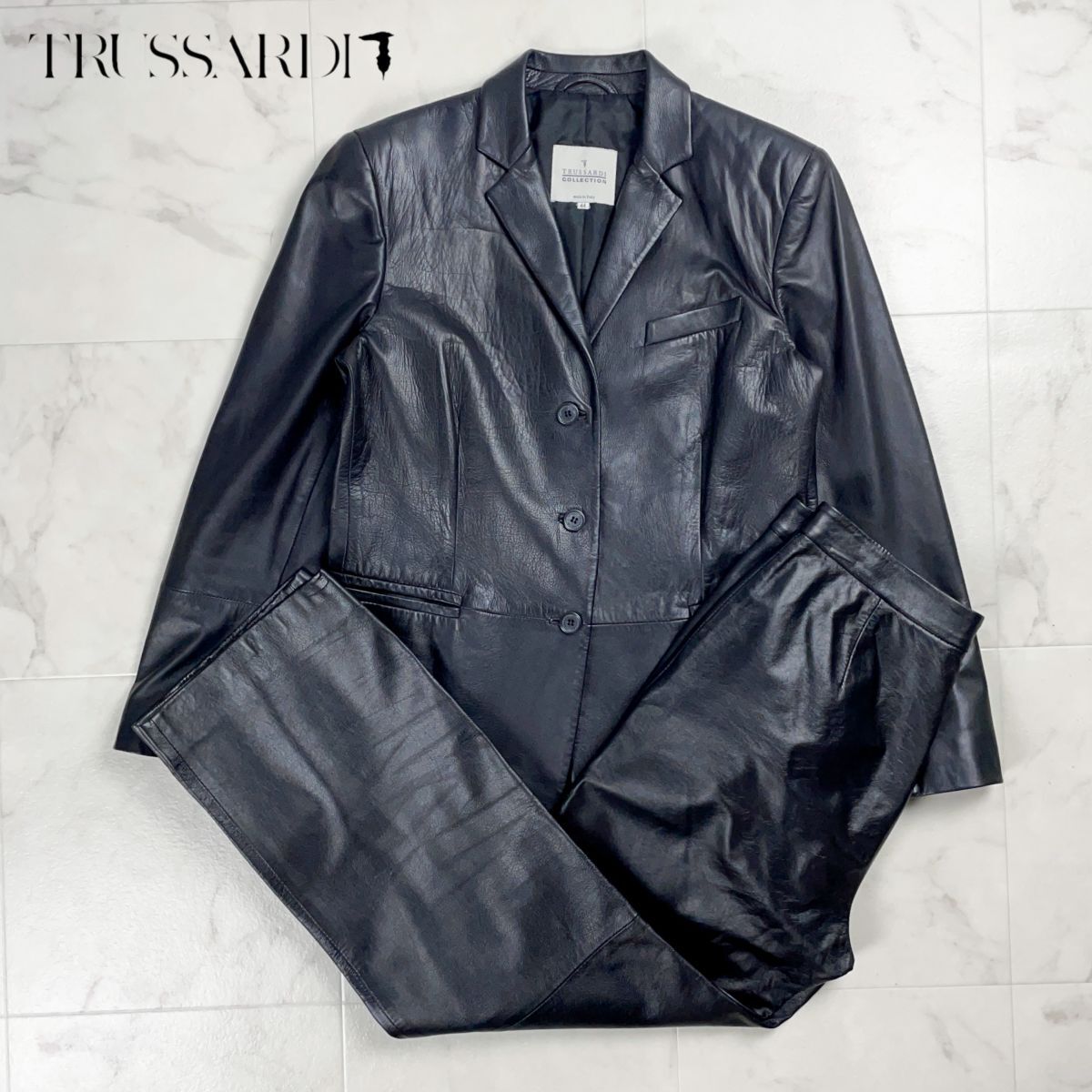 TRUSSARDI collection トラサルディー コレクション レザーセットアップ テーラードジャケット パンツ メンズ 黒 ブラック サイズ44*GD232拍卖