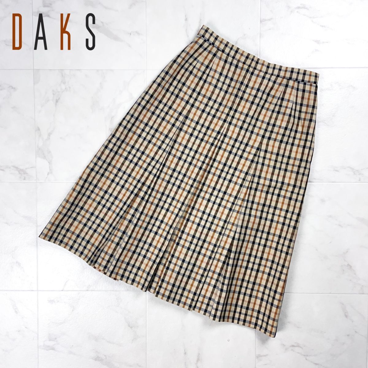 美品 DAKS ダックス ウール・リネン混 チェック柄ボックスプリーツAラインスカート ミモレ丈 裏地付き ブラウン 茶 サイズ69-94*GD764拍卖
