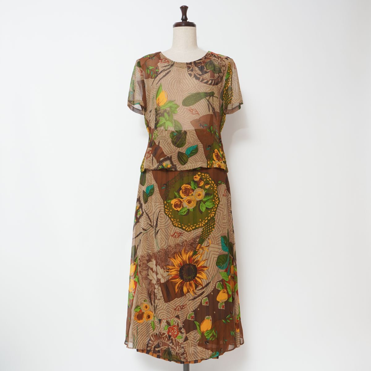 美品 Louis Feraud ルイ・フェロー ボタニカル柄シアーセットアップスカート ロング丈 レディース ブラウン 茶 サイズ7/9*GD771拍卖