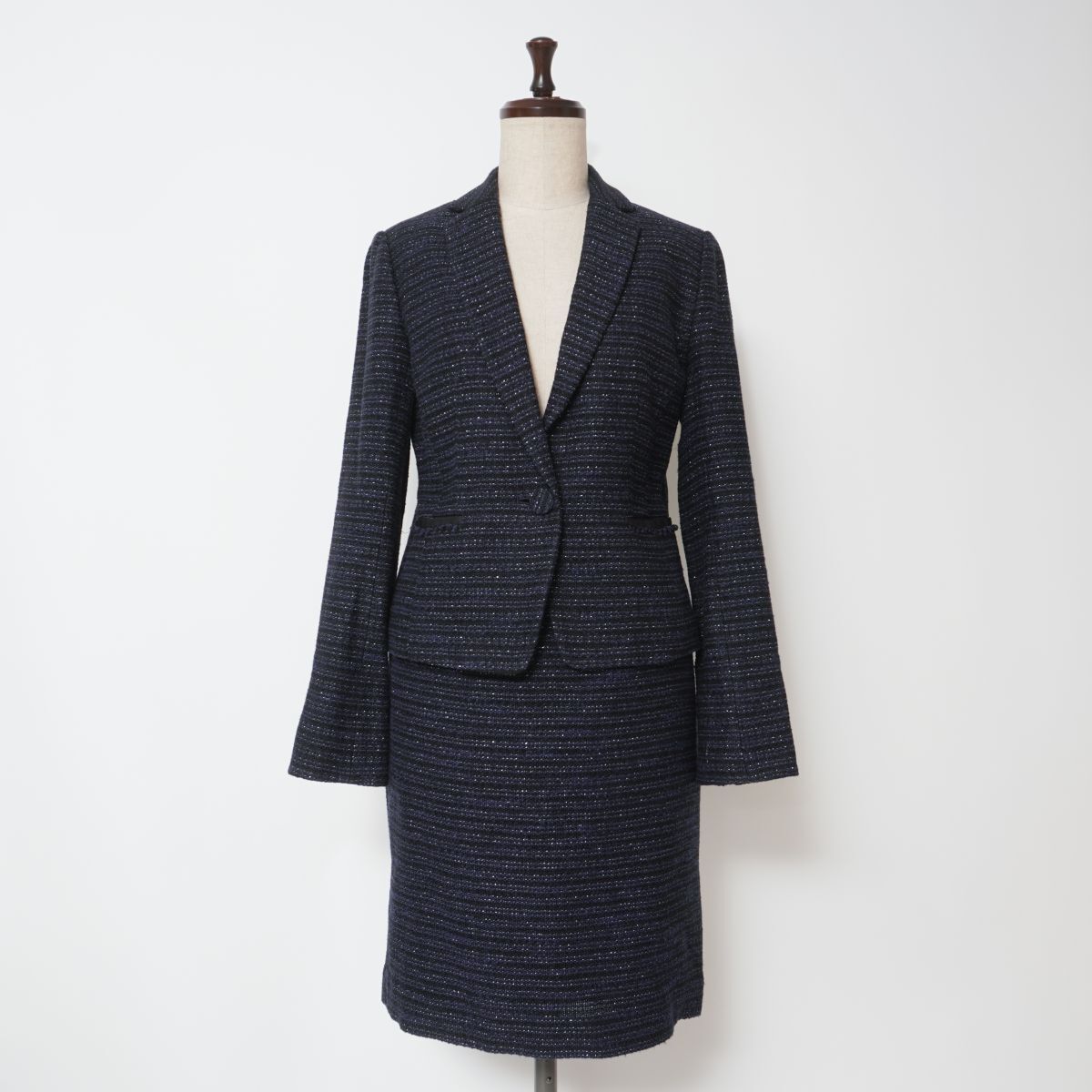 美品 COMME CA ISM コムサイズム ツイードセットアップスカートスーツ 膝丈 総裏 フォーマル ネイビー 紺 サイズM-L*GD772拍卖