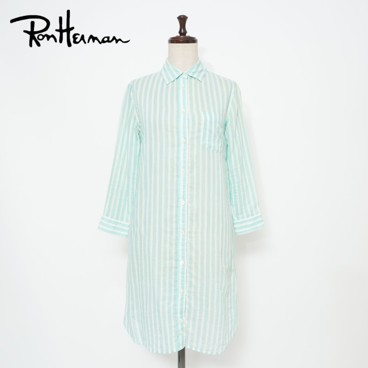 RonHerman ロンハーマン シルク混 シアーストライプシャツワンピース 膝丈 裏地なし レディース ミントグリーン サイズXS*GD775拍卖