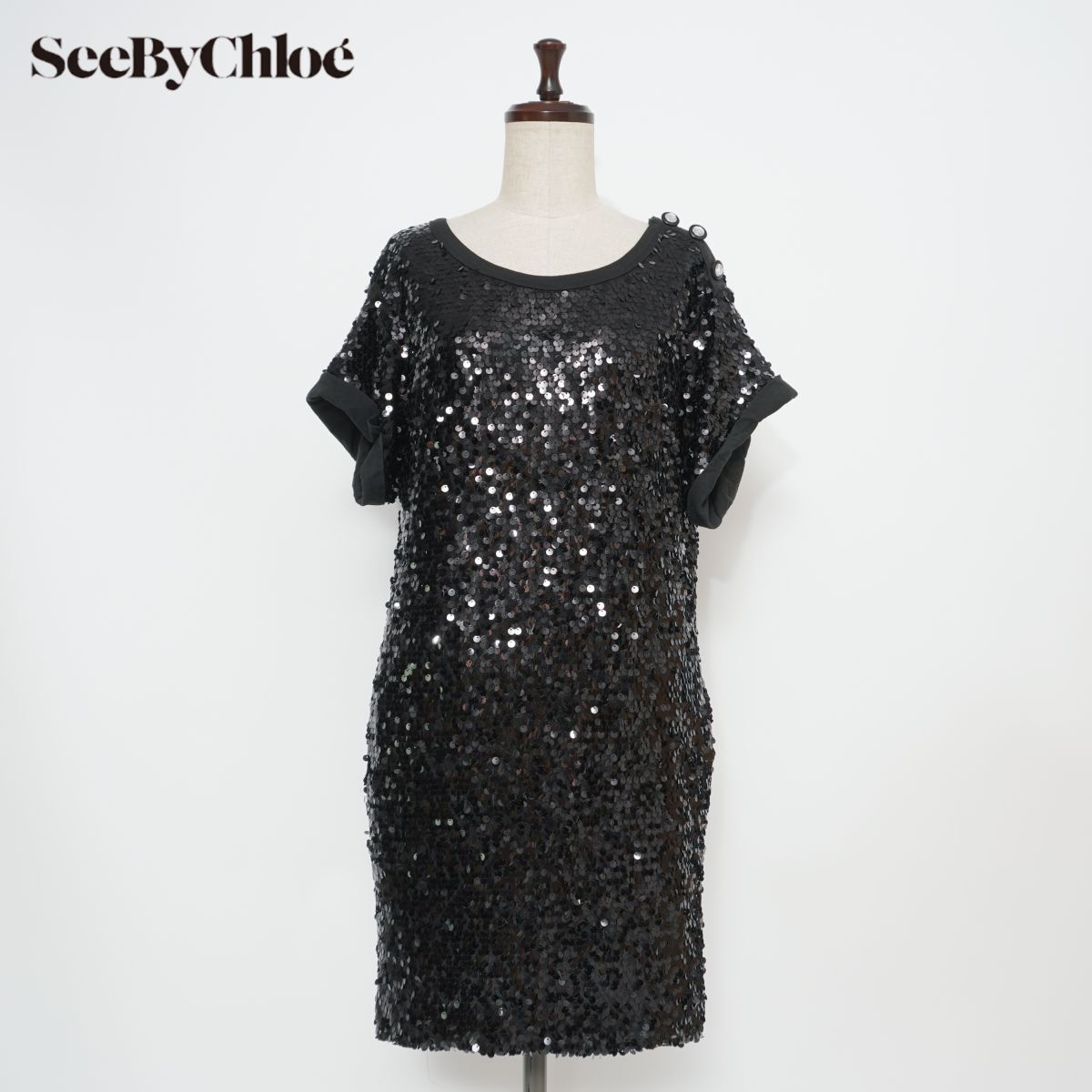 美品 SEE BY CHLOE シーバイクロエ 総スパンコールワンピース ドレス 膝丈 レディース ブラック 黒 サイズXXS*GD786拍卖