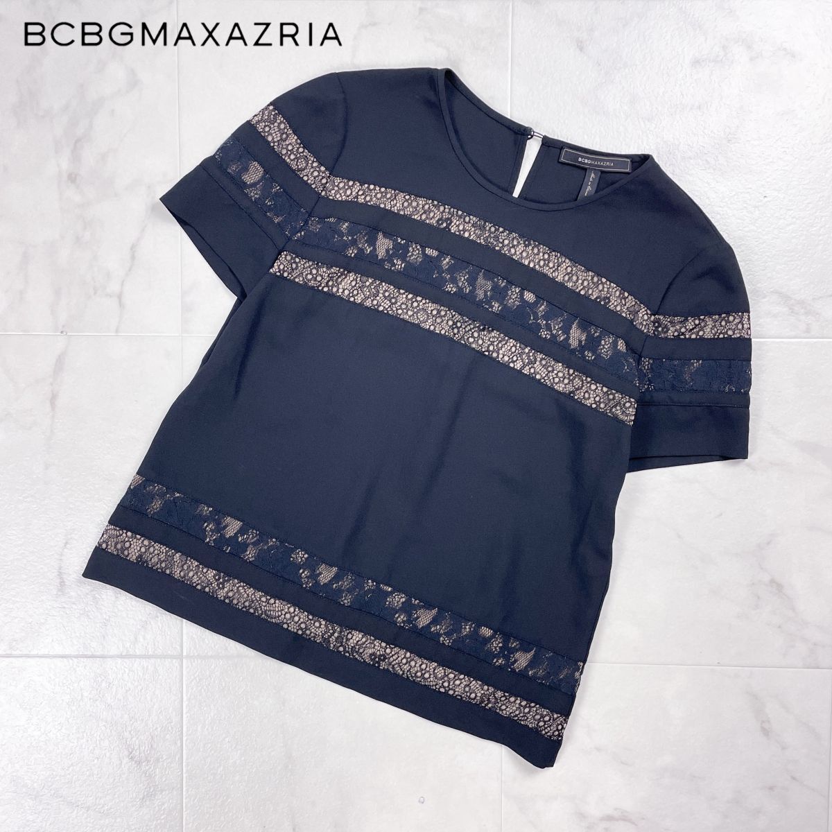 美品 BCBGMAXAZRIA ビーシービージーマックスアズリア レース切替半袖ブラウス シースルー Tシャツ レディース 黒 ブラック サイズXS*GD390拍卖