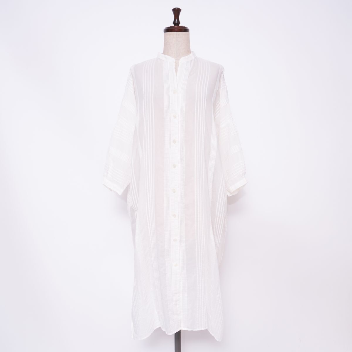 美品 Gabardine K.T ギャバジンケーティー ラメ五分袖ノーカラーシャツワンピース シースルー ピンタック風 白 ホワイト サイズ*GD401拍卖