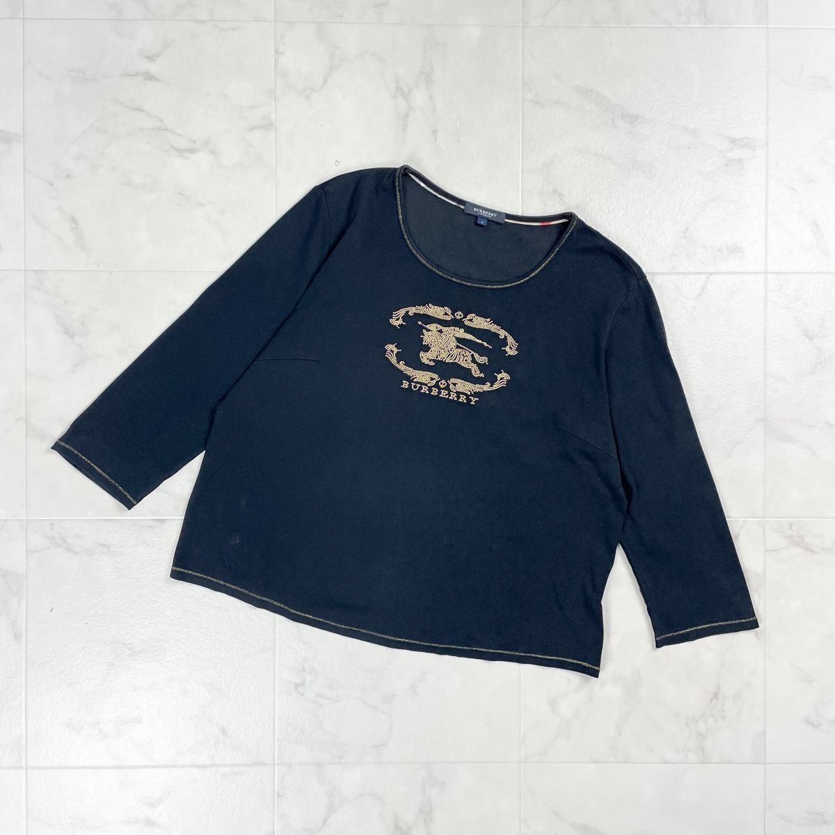 BURBERRY バーバリー ゴールドスタッズロゴカットソー クルーネック 七分袖 トップス レディース ブラック 黒 サイズ5*GD1210拍卖